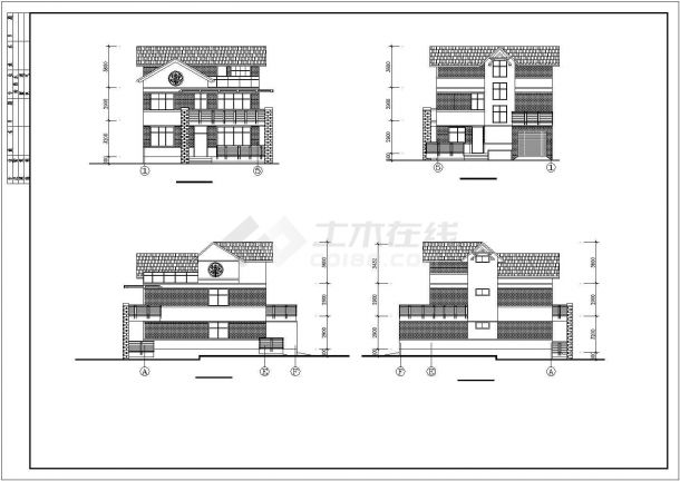 徐州市某村镇257平米3层砖混结构高档单体别墅平立面设计CAD图纸-图二