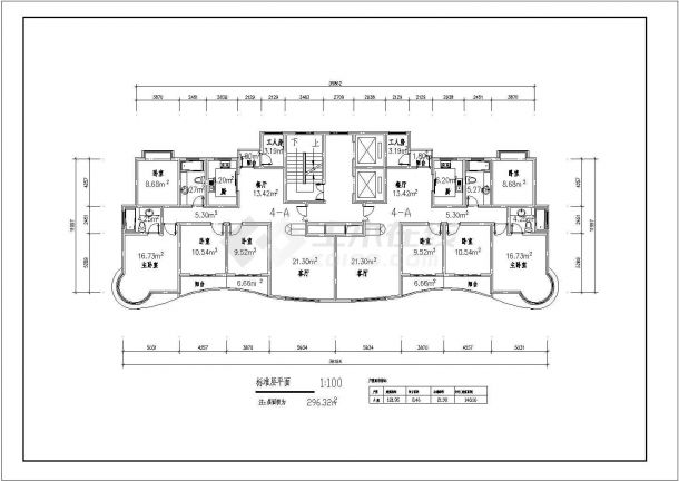 某小区高层住宅标准层对称户型CAD全套完整图【1楼梯2电梯、4室2厅2卫1工人房2阳台、每户148.16平米】-图一