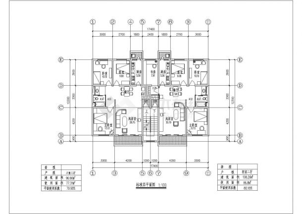 某小区住宅1梯2户标准层不对称户型CAD设计完整图【3室2厅1卫2阳台96.6平米 4室2厅1卫2阳台108.26平米】-图一
