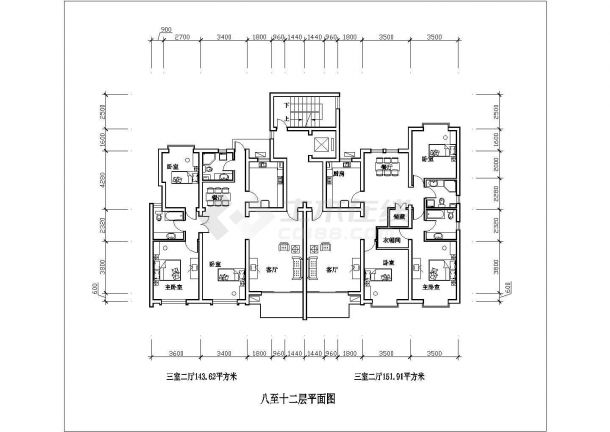 某三室二厅143平米CAD全套详细构造施工图纸-图一