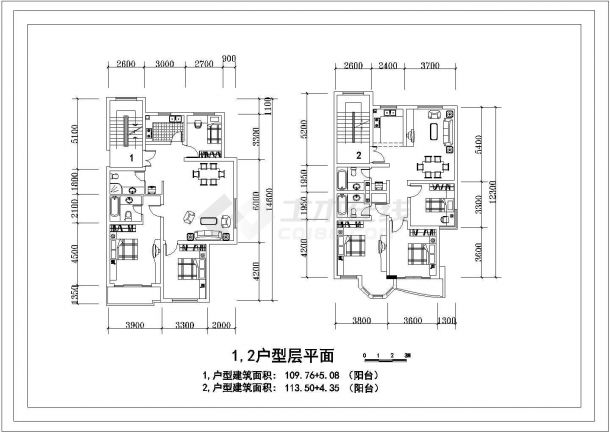 某3室2厅2卫1阳台户型设计CAD构造详细图【面积114.84平米 117.85平米】-图一