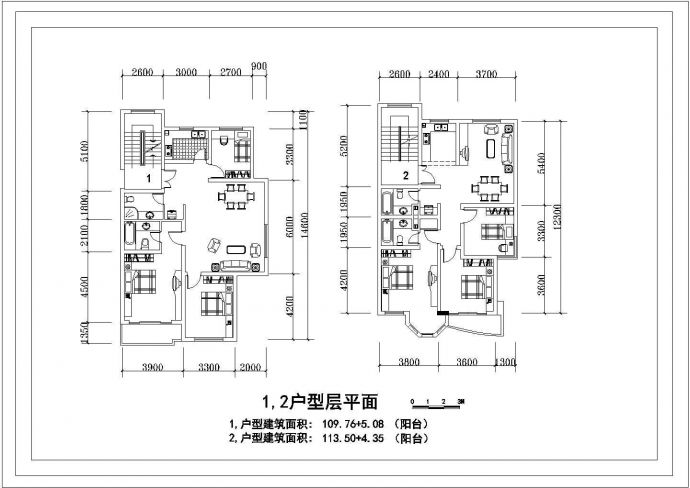 某3室2厅2卫1阳台户型设计CAD构造详细图【面积114.84平米 117.85平米】_图1