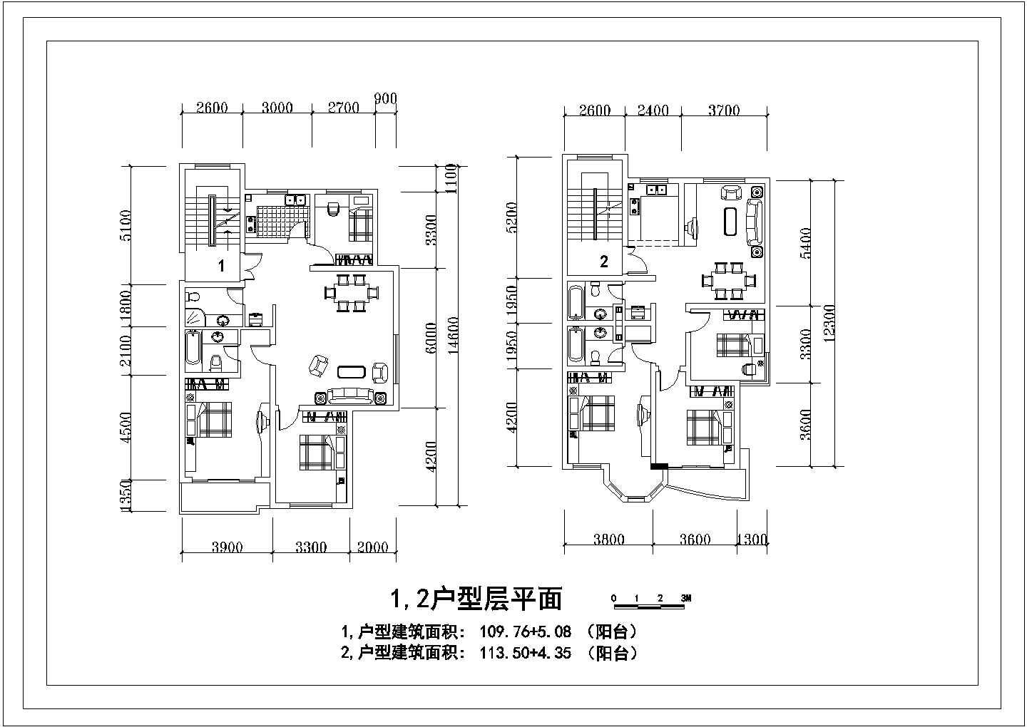 某3室2厅2卫1阳台户型设计CAD构造详细图【面积114.84平米 117.85平米】