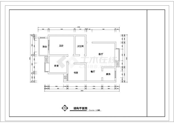 某套房户型1个CAD完整节点设计图【3室2厅1卫1阳台、长14.76米、宽8.64米】-图一