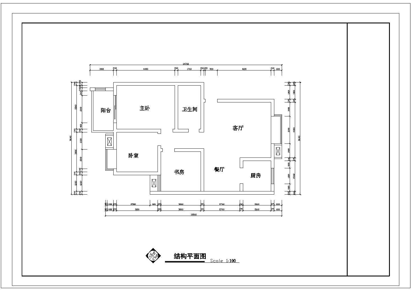 某套房户型1个CAD完整节点设计图【3室2厅1卫1阳台、长14.76米、宽8.64米】