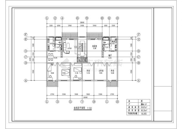某小区住宅1梯2户标准层对称户型CAD构造全套图纸【3室2厅1卫2阳台 99.87平米】-图一
