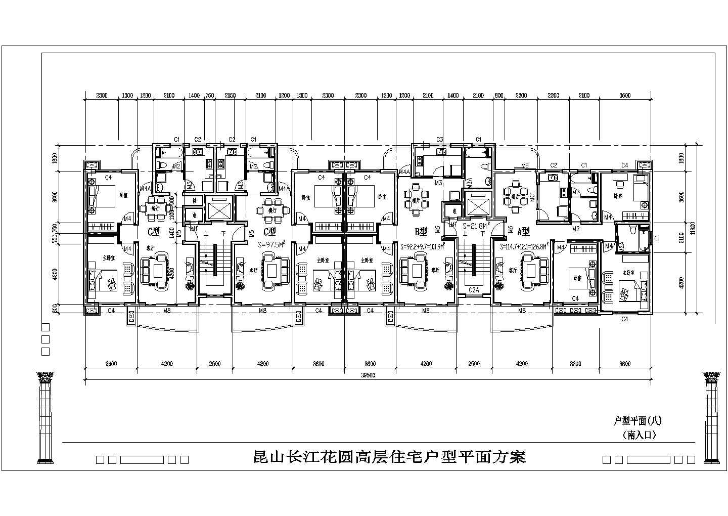 某高层住宅户型平面CAD方案图【1楼梯1电梯2户[3户] 1楼梯2电梯3户[4户] 户型面积90至138平米之间】