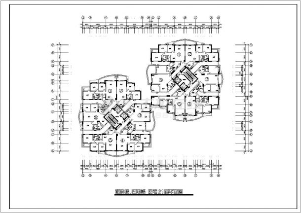 设计装修1个方案-高层住宅户型楼层平面图【1楼梯2电梯6户 2个组合 2室2厅 3室2厅 110至135平米之间】-图二