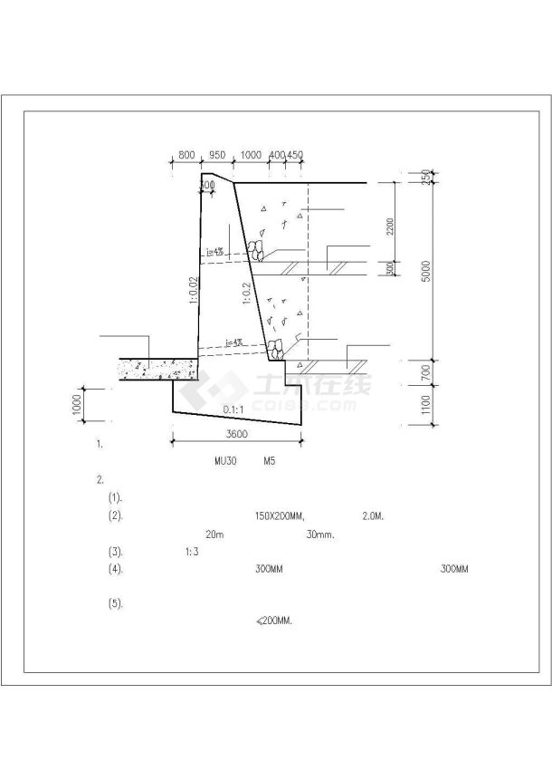 某道路两侧俯斜式毛石挡土墙构造详图