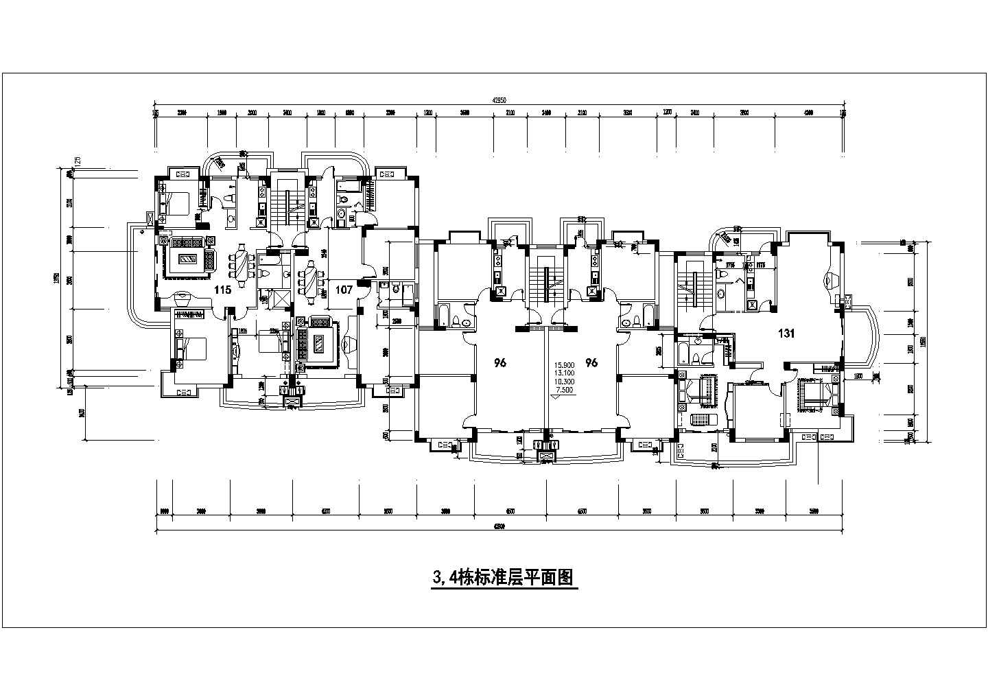 6x3+17层四栋框混结构连体式商住楼全套建筑设计CAD图纸（1-2层商用）