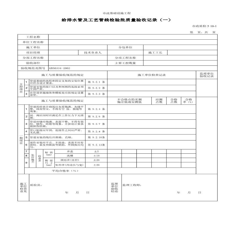 某A给排水管及工艺管线检验批质量验收记录(一)-图一