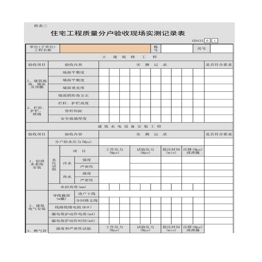 某住宅工程的质量分户验收现场实测记录表-图一