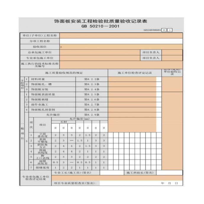 某住处饰面板安装工程检验批质量验收记录表_图1