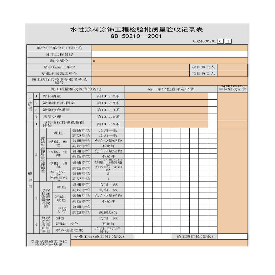 水性涂料涂饰工程施工检验批质量验收记录表-图一