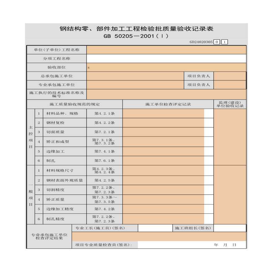 钢结构零与部件加工工程检验批质量验收记录表