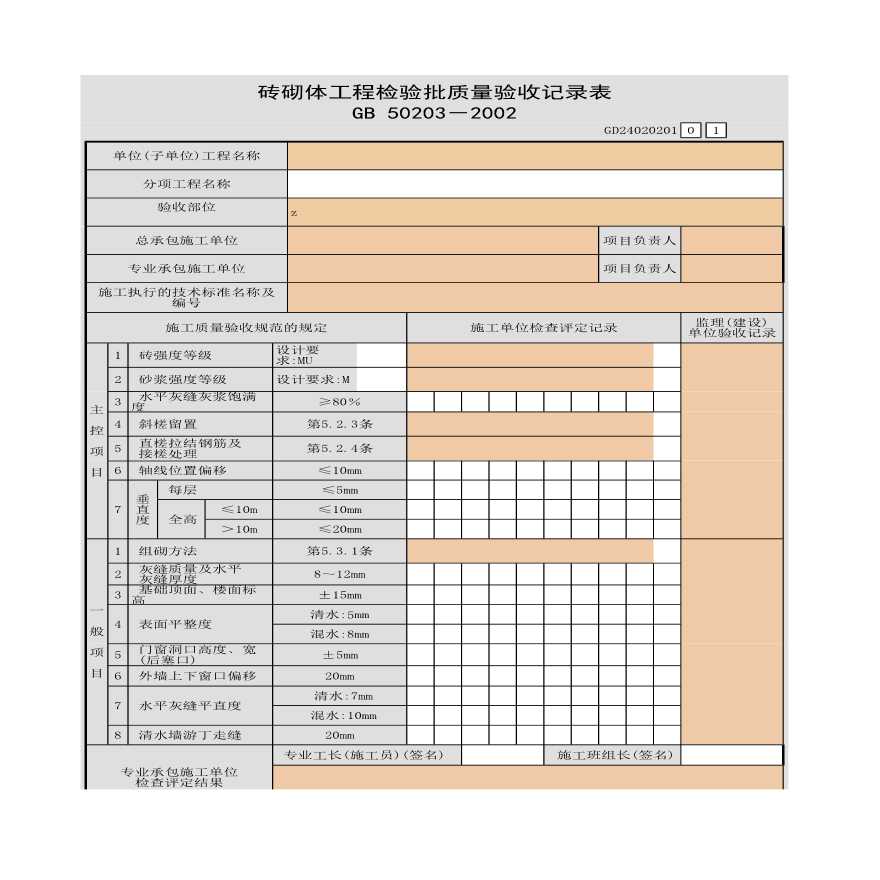 砖砌体结构工程检验批质量验收记录表-图一