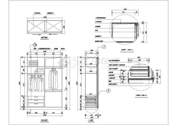 某双开衣柜CAD设计平面构造详图-图一
