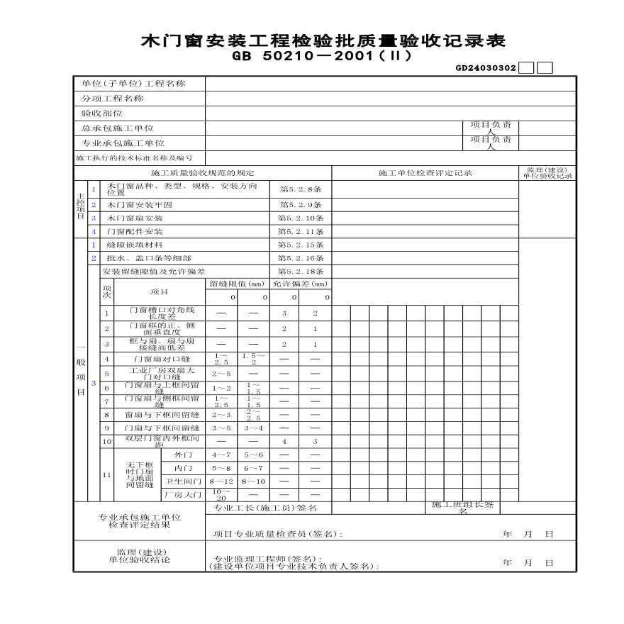 木门窗安装工程检验批质量验收记录表(Ⅱ)