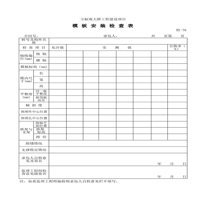 玉枢观大桥工程建设项目模板安装检查表-图一