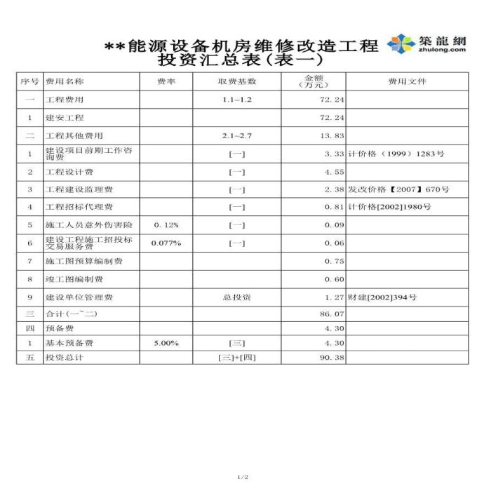 北京某中心能源设备机房维修改造工程投资估算实例_图1