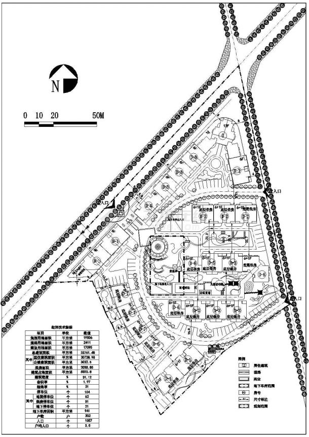 某道路交叉口地块多层住宅小区规划设计cad总平面施工图（含经济技术指标）-图一