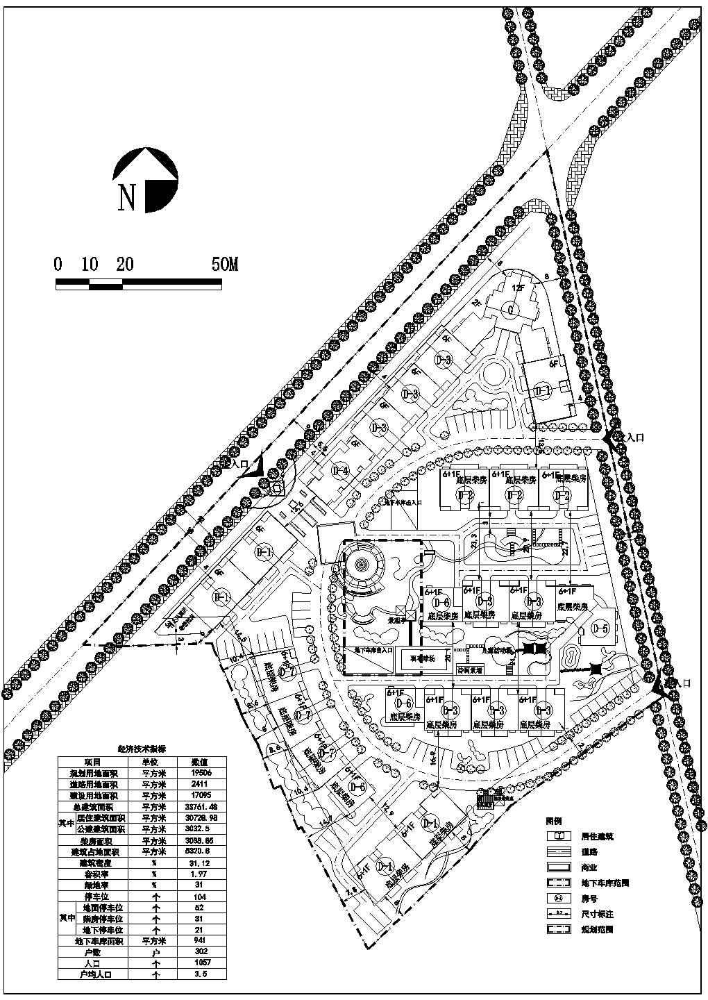 某道路交叉口地块多层住宅小区规划设计cad总平面施工图（含经济技术指标）