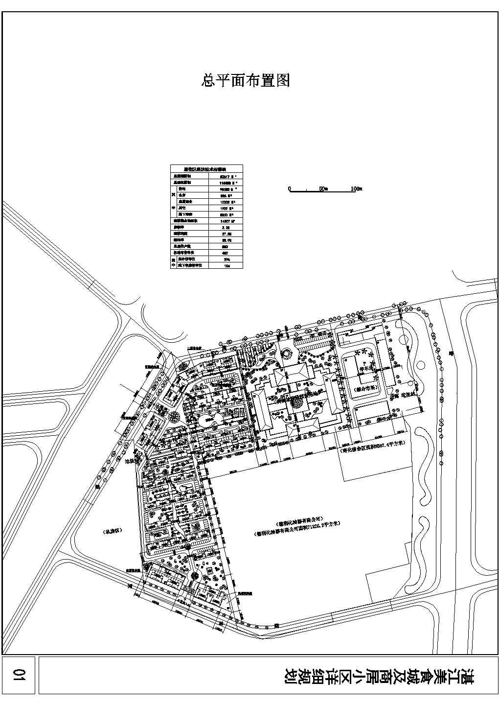 某城市美食城商住小区景观规划设计cad总平面布置图（含经济技术指标）