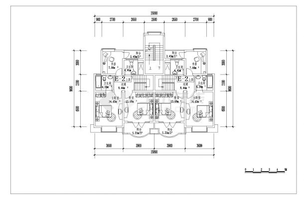 某市复式新楼房型布置CAD参考平面图-图二