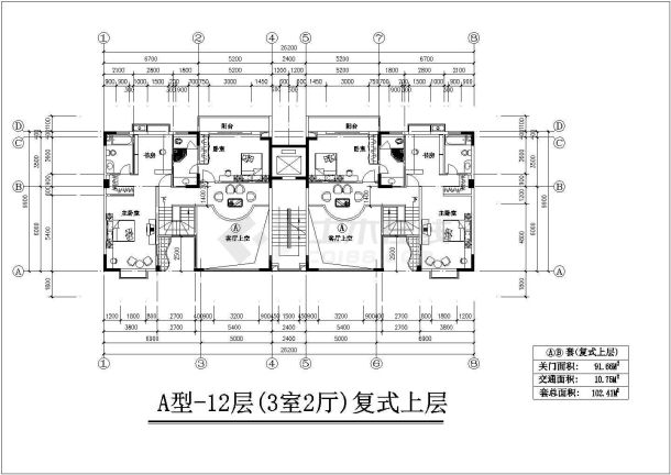 一梯二户高层户型建筑设计CAD施工图-图一