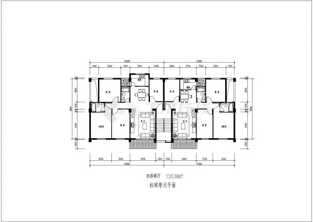 标准1梯2户单元楼户型设计图4室2厅1206平