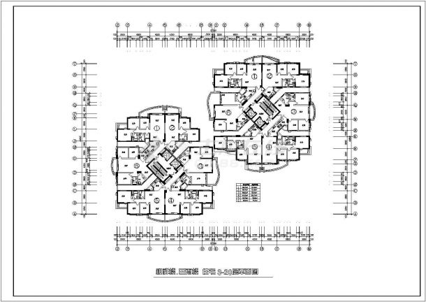 高层住宅户型楼层户型设计施工图（1楼梯2电梯6户 2个组合 2室2厅 3室2厅 110至135平米之间））-图一