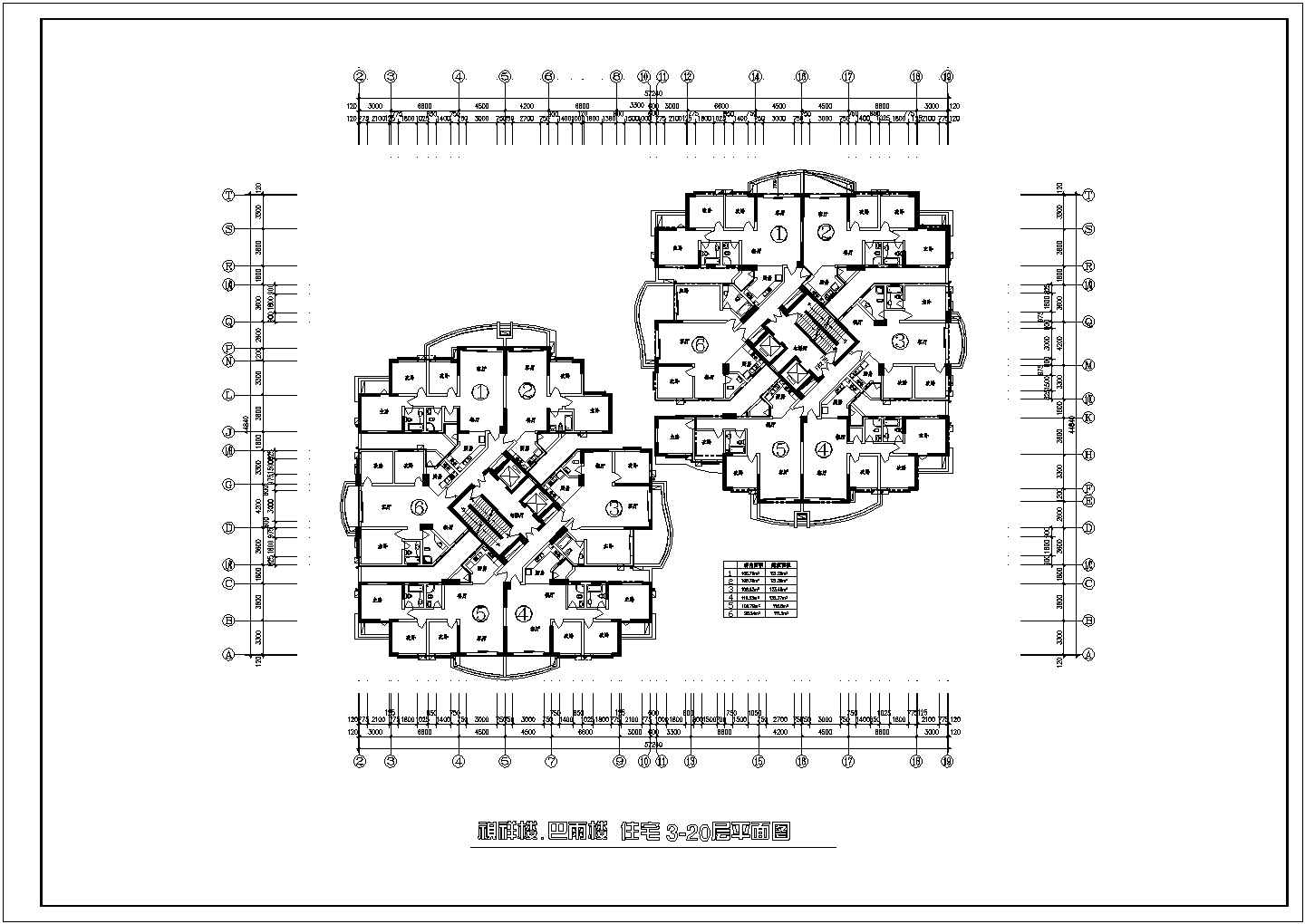高层住宅户型楼层户型设计施工图（1楼梯2电梯6户 2个组合 2室2厅 3室2厅 110至135平米之间））