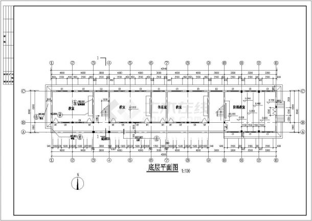 北京市顺义区某小学1260平米4层砖混结构教学楼建筑设计CAD图纸-图一
