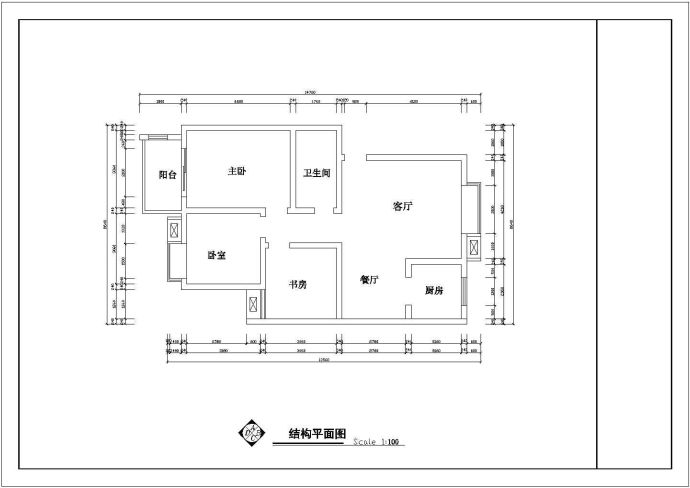 某套房户型设计图纸【3室2厅1卫1阳台、长14.76米、宽8.64米】_图1