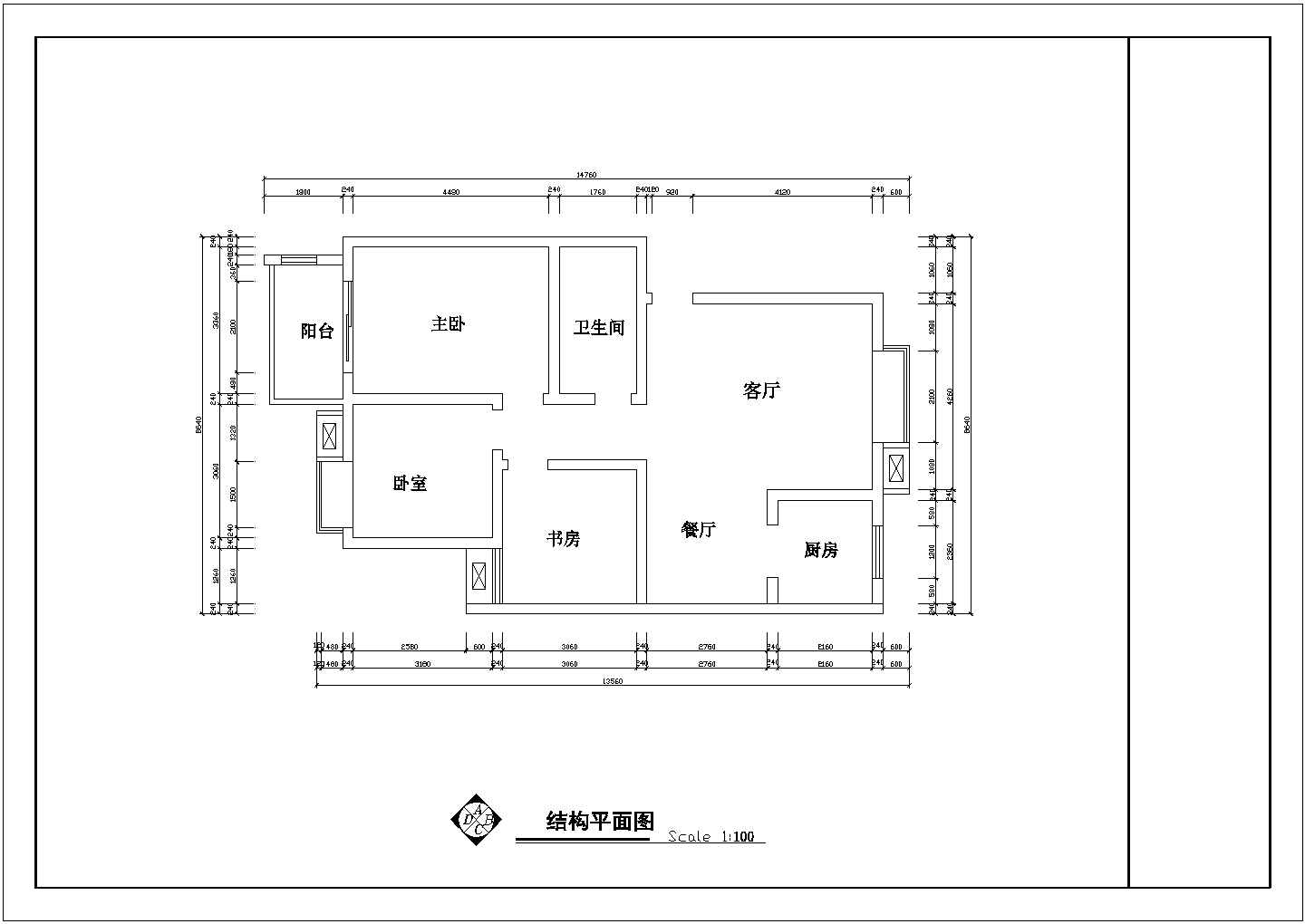 某套房户型设计图纸【3室2厅1卫1阳台、长14.76米、宽8.64米】