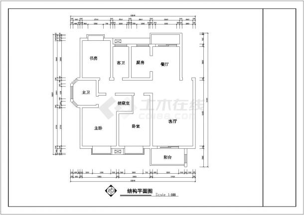 某套房户型设计施工图【3室2厅2卫1阳台、长13.14米、宽12.24米】-图一