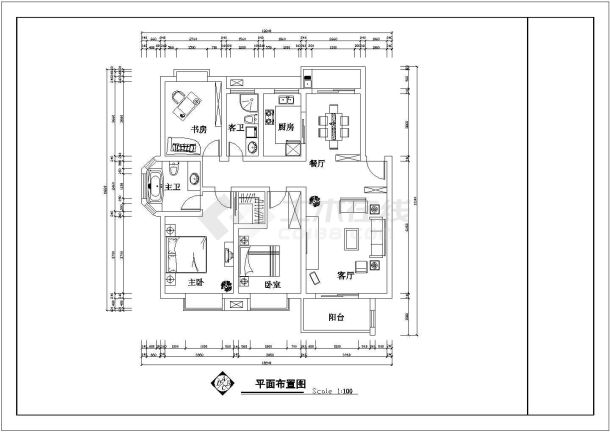 某套房户型设计施工图【3室2厅2卫1阳台、长13.14米、宽12.24米】-图二