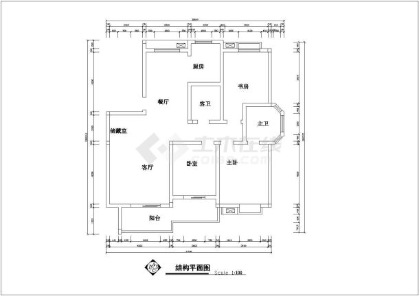 套房户型设计施工图【3室2厅2卫1阳台1储藏室、长13.8595米、宽12.66米】-图一