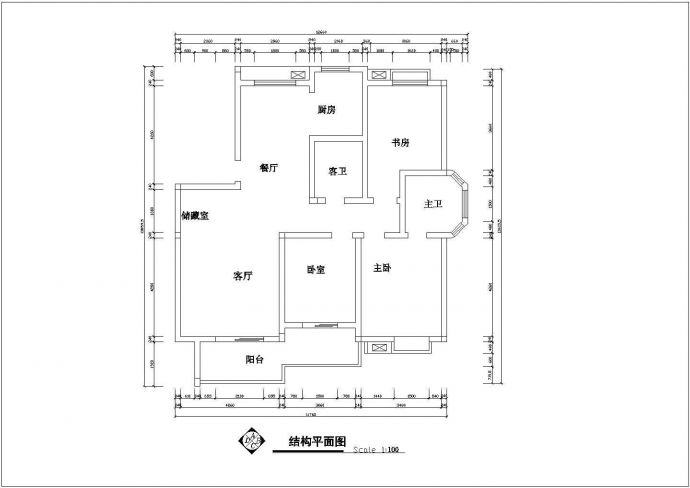 套房户型设计施工图【3室2厅2卫1阳台1储藏室、长13.8595米、宽12.66米】_图1