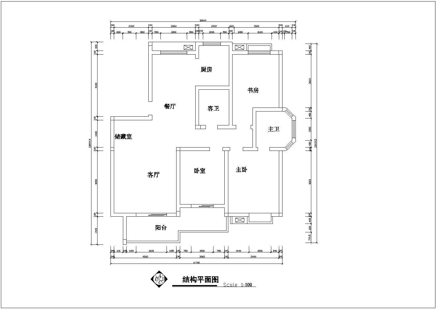 套房户型设计施工图【3室2厅2卫1阳台1储藏室、长13.8595米、宽12.66米】