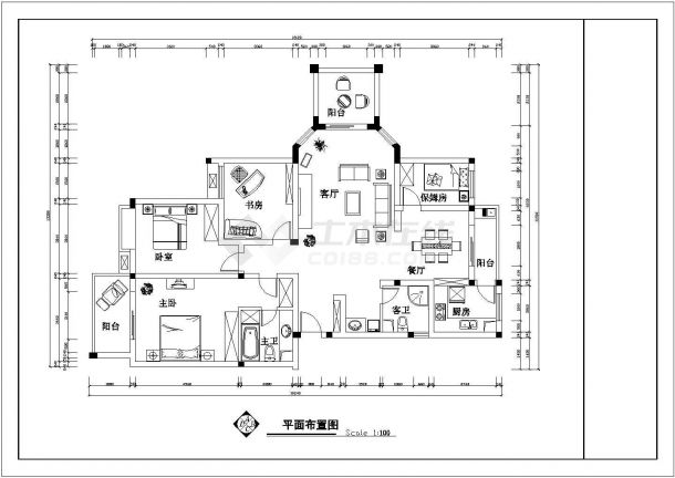 套房户型设计施工图【3室2厅2卫3阳台1保姆房、长18.24米、宽13.5米】-图二
