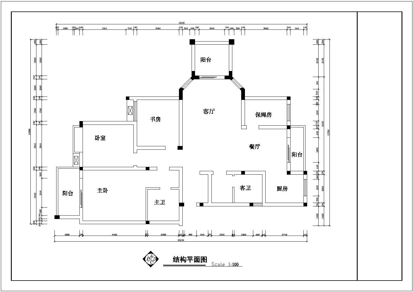套房户型设计施工图【3室2厅2卫3阳台1保姆房、长18.24米、宽13.5米】