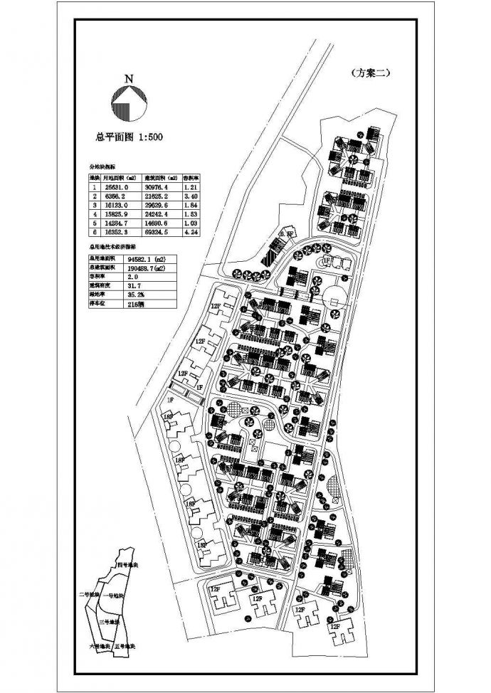 某大型多层居民小区详细规划设计cad总平面方案图（含技术经济指标）_图1