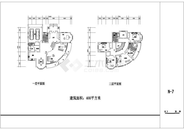 某408平方米二层框架结构独栋别墅设计cad建筑方案图-图一