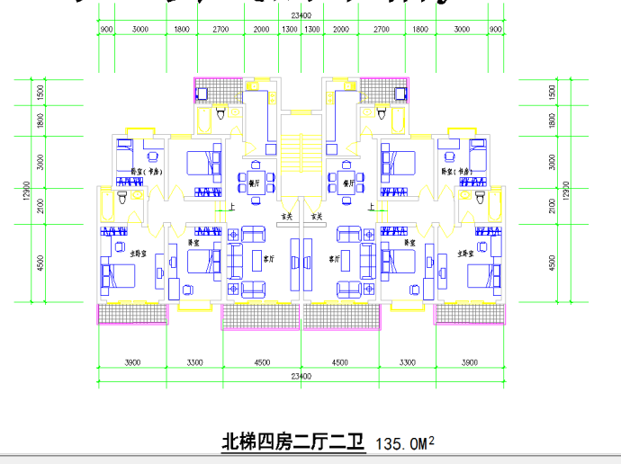 某地1梯2户户型对称北梯4室2厅2卫3阳台每户135平米图纸_图1