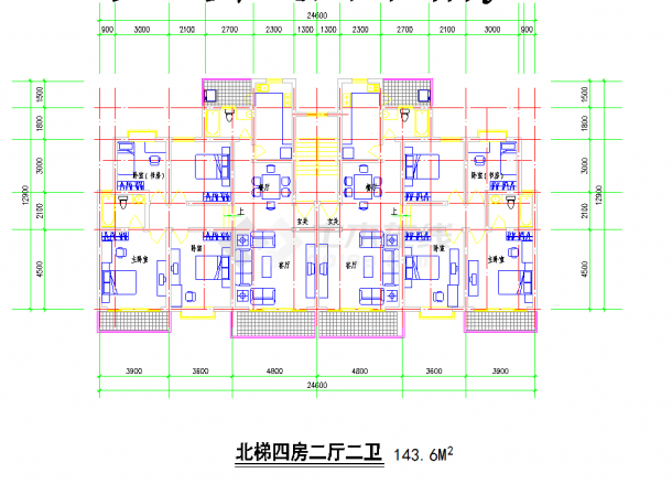 某地1梯2户户型对称北梯4室2厅2卫3阳台每户143.6平米图纸-图一