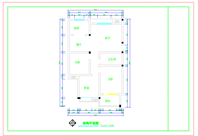 某地套房户型1个2室2厅1卫1阳台长13.86米宽8.64米图纸_图1