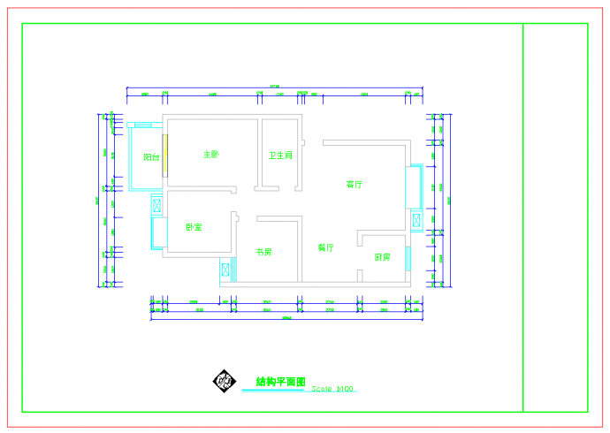 某地套房户型1个3室2厅1卫1阳台长14.76米宽8.64米图纸_图1