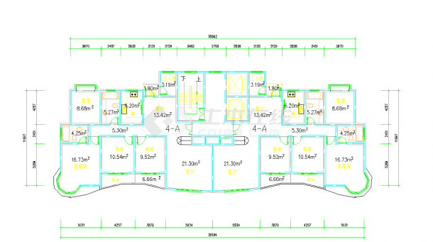 某地小区高层住宅标准层对称户型1楼梯2电梯4室2厅2卫1工人房2阳台每户148.16平米图纸-图二