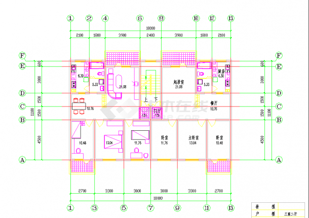 某地小区住宅1梯2户标准层对称户型3室2厅1卫2阳台99.87平米图纸-图二